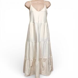 Old Navy Cream Tiered Maxi Dress S Cotton Pockets Open Tie Back Clean Girl Chic